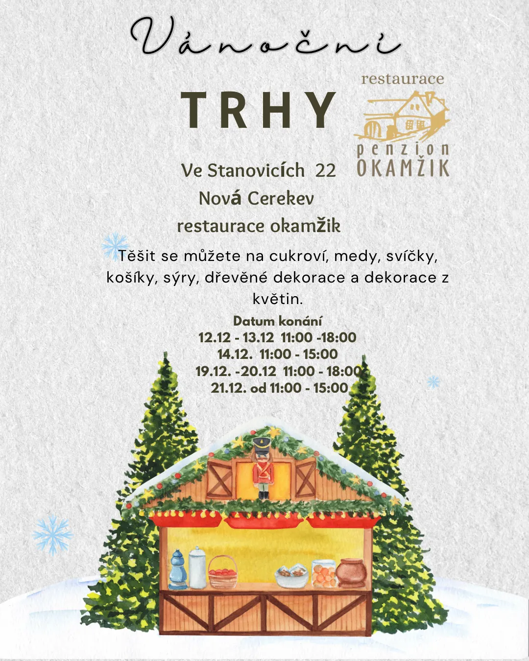 Plakát vánočních trhů v restauraci Okamžik ve Stanovicích 22, Nová Cerekev. Barevná ilustrace prodejního stánku mezi dvěma vánočními stromky a informace o datu a sortimentu: cukroví, medy, svíčky, košíky, sýry, dekorace.